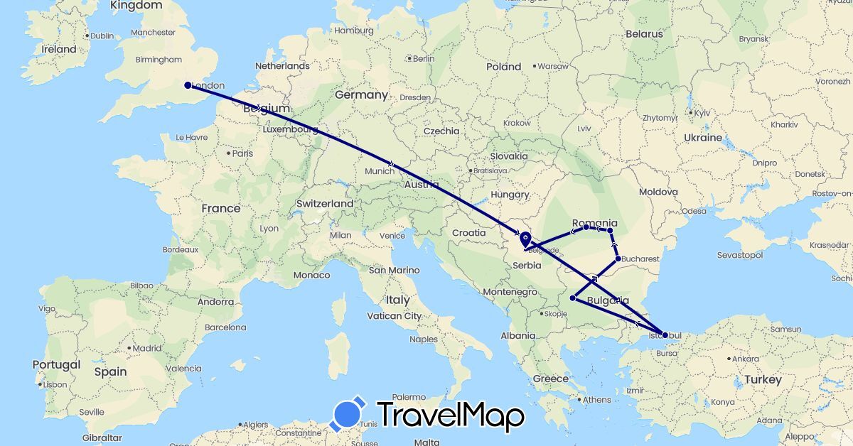 TravelMap itinerary: driving in Bulgaria, United Kingdom, Romania, Serbia, Turkey (Asia, Europe)